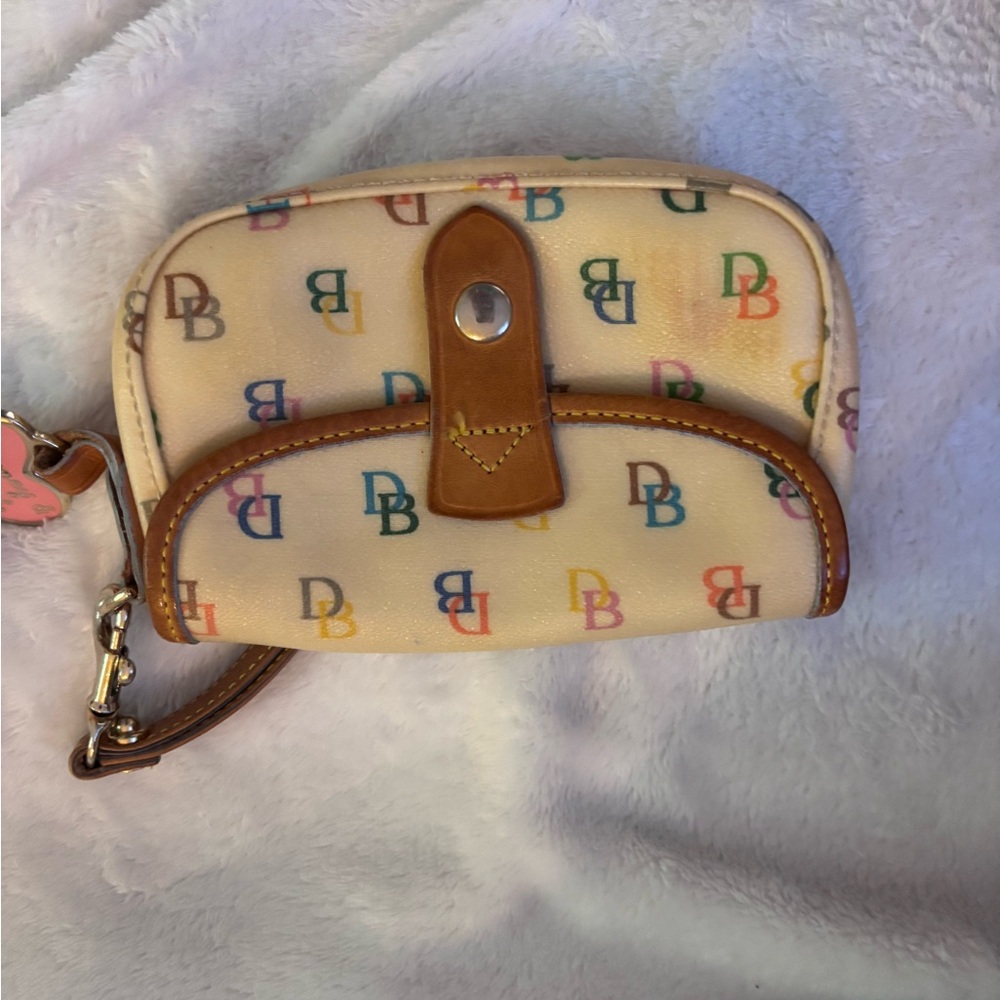 Dooney & Bourke Cream and Brown Clutch with Leather Trim